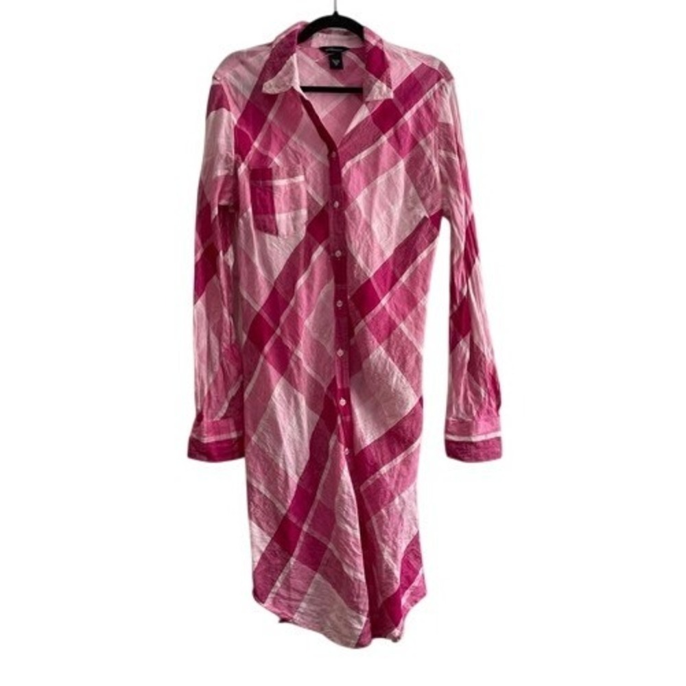 Moda International Pink Plaid 100% Linen Button‎ Down Shirt Dress Womens 14 - Picture 2 of 7